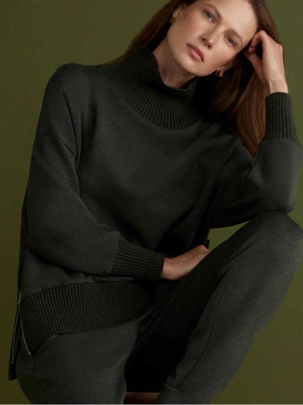Varley Barker Double Soft Olive Ribbed Funnel Neck Sweatshirt